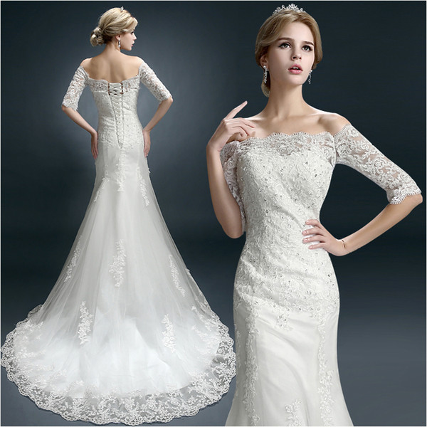 New Winter Word Shoulder Bridal Tail Wedding Dresses Sleeves Lace Decals Beaded Tail Small Trailing Style Church Dresses