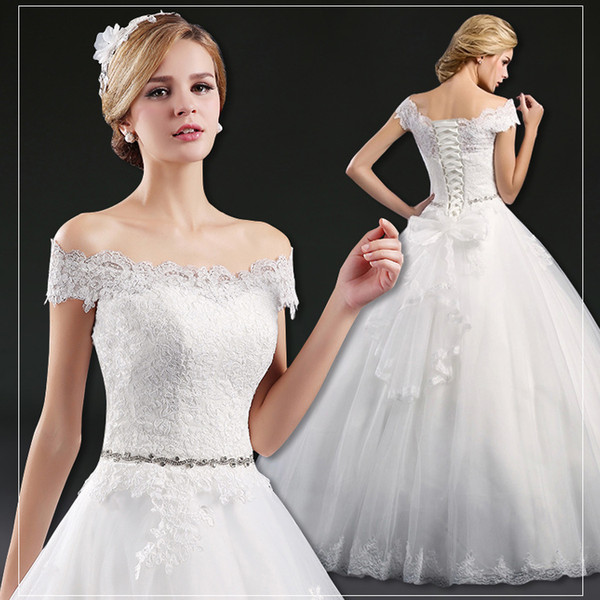 New Retro Word Shoulder Lace Sleeves Wedding Dresses Qi High Waist Autumn And Winter Applique Halter Strap White Garden Dresses