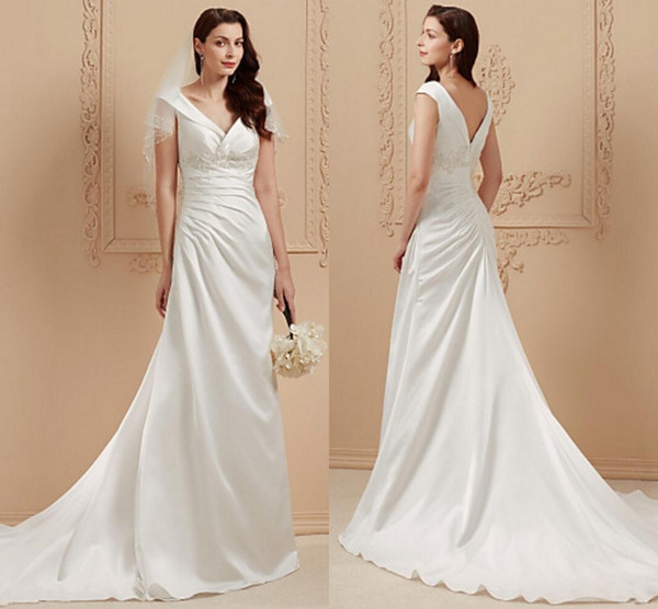 New V-neck Chapel Train Wedding Dresses With Beading Appliques Open Back Sleeveless Wedding Dresses Satin Mermaid Gowns HY4219