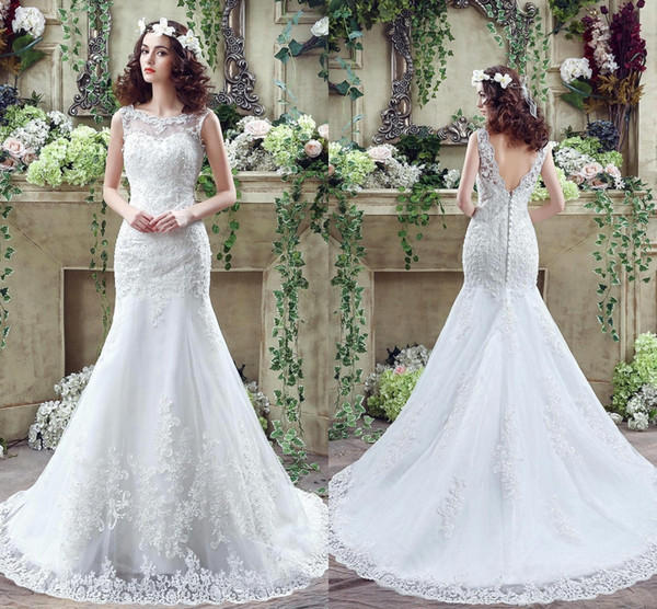 Elegant Mermaid Wedding Dresses Sheer Neck Appliques Lace Tulle Plus Size Wedding Dresses White Bridal Gowns HY4198