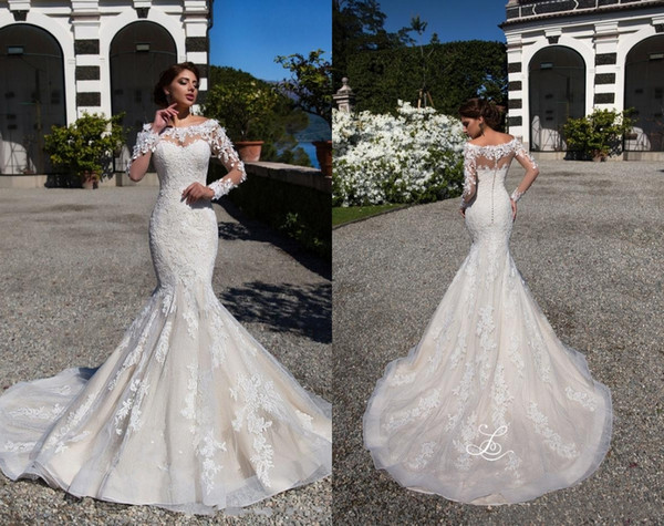 Mermaid Lace Wedding Dresses Sheer Long Sleeves Appliqued Scoop Neckline Long Train Vintage Bridal Gowns Plus Size Wedding Dresses HY4085