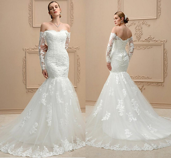 Sexy Mermaid Simple Beach Wedding Dresses Off-the-shoulder Chapel Train Romantic Tulle Bridal Gowns With Appliques HY4218