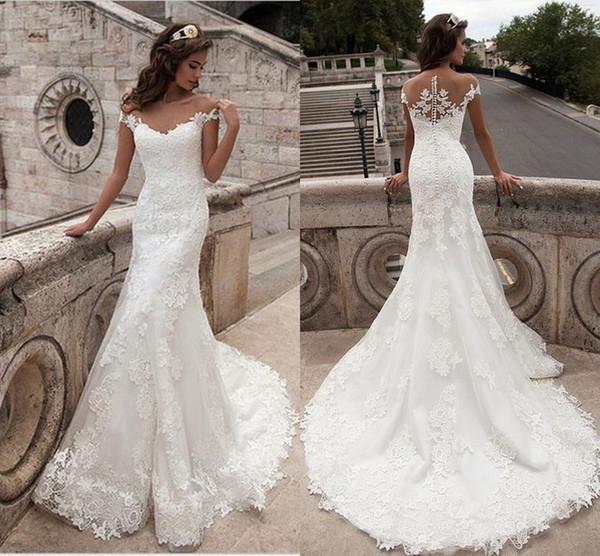 Mermaid Wedding Dresses Full Length Scoop Neck Bridal Gowns Sexy Cap Sleeve Bridal Wedding Gowns Sweep Train HY4176