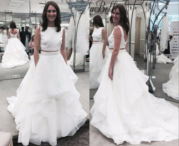 Two Piece White Organza Wedding Dresses Custom Made Vestido De Novia Batau Cap Sleeve Back Zipper Elegant Bridal Gowns HY4083