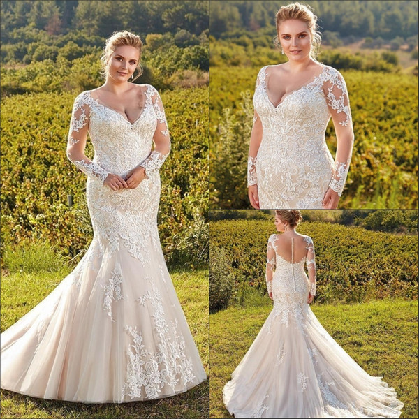 Champagne Plus Size Wedding Dresses V Neck Sheer Long Sleeves Lace Mermaid Wedding Bridal Gowns Mermaid Lace Appliques Bridal Gowns