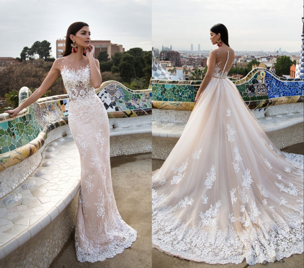 Modest Mermaid Lace Wedding Dresses With Detachable Train Appliqued Sexy Sheer Neckline Beads Trumpet Bridal Gowns HY4086