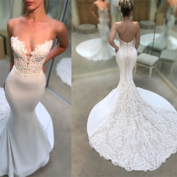 Sexy mermaid wedding dresses white and ivory Court Train Long bridal Gowns Satin Sheer with Floral Applique Wedding Gowns