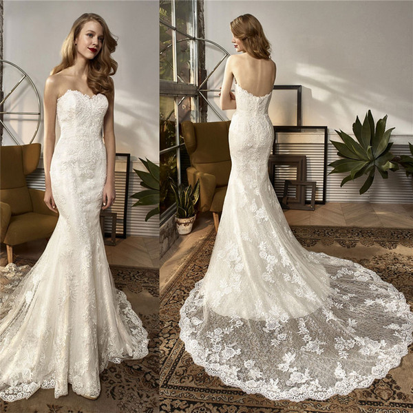 Sexy Lace Mermaid Wedding Dresses Dark Ivory Court Train Lace with Floral Applique Backless Long Bridal Gowns Top Quality Lace Tulle