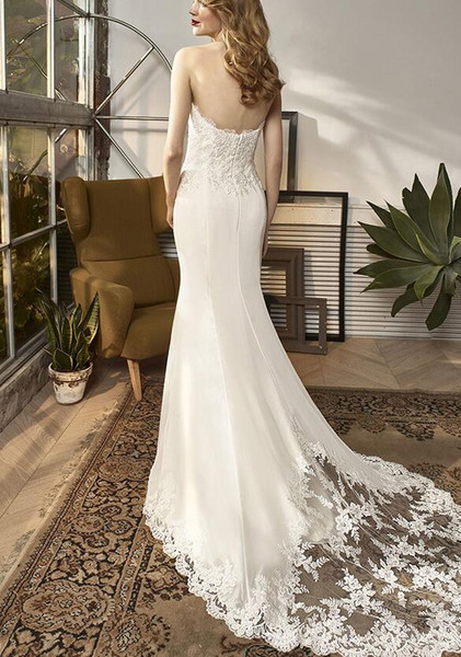 Beautiful Satin Lace Mermaid Wedding Dresses Court train Dark ivory Backless Zipper/Lace-up Wedding Dress