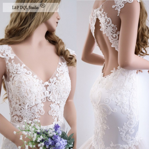 Unique Mermaid Wedding Dresses Sexy Illusion Sheer with Applique Open Back Pleats Tulle Sweep Train Bridal Gowns Plus Size Ivory