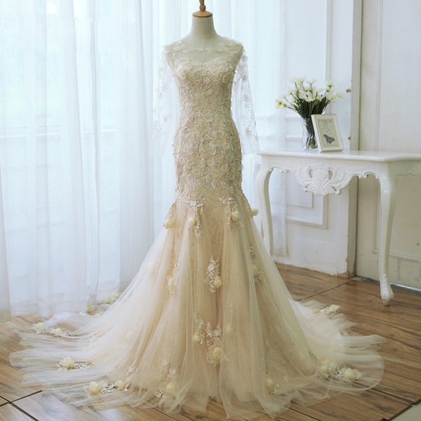 Champagne Mermaid Wedding Dress Long Sleeves Fairy Plus Size Wedding Dresses Sheer with Lace Applique Bridal Gowns