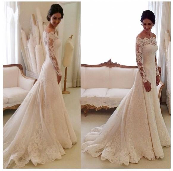 Off the Shoulder Lace Mermaid Wedding Dresses Long Sleeves Zipper with Buttons Back Sweep Train Wedding Dresses Bridal gowns