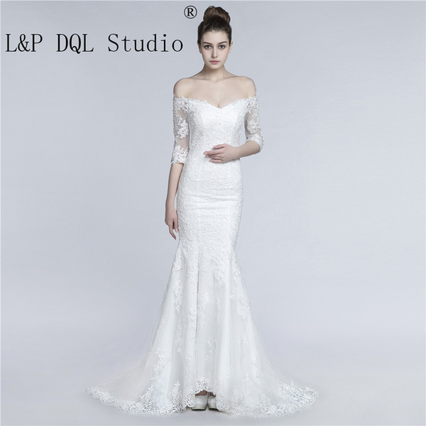 Ivory Lace Mermaid Wedding Dresses Sexy off the Shoulder Half Sleeves Sheer with Applique New Arrival Beach Wedding Dress