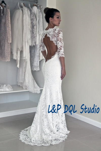 Lace Mermaid Wedding Dresses Garden Style Scoop Half Sleeves Open Back Sweep train Bridal Gowns Cheap