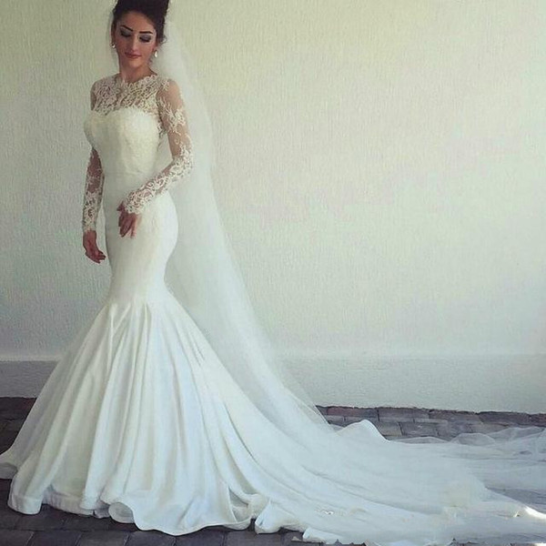 Elegant White Lace Wedding Dresses Mermaid wedding dresses Jewel Neck with Appliques Court Train Elegant Long Sleeves Bridal Gowns