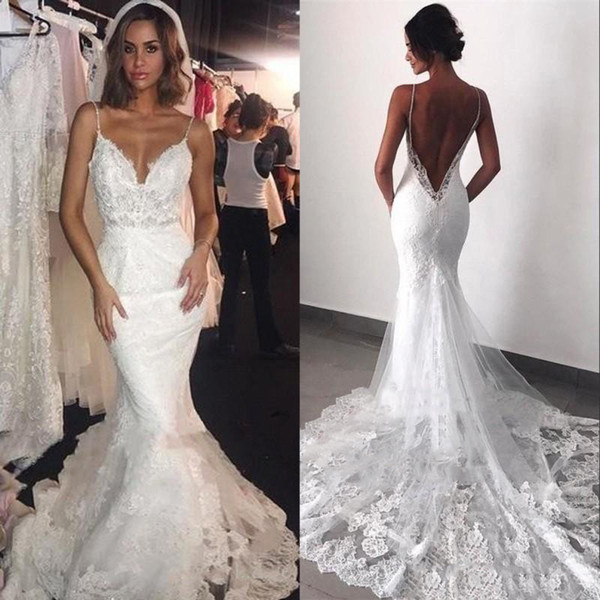 Sexy black girl Wedding Dress deep v neck Mermaid wedding dress with lace appliques court train vintage Bridal Gowns