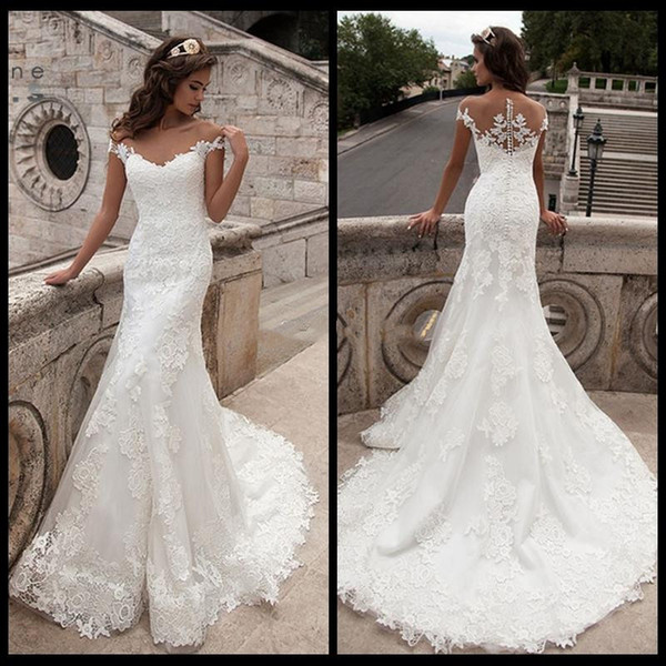 Gorgeous Vintage Mermaid Lace appliques Wedding Dresses short Sleeves Bridal Gowns sexy back Vestidos de novia