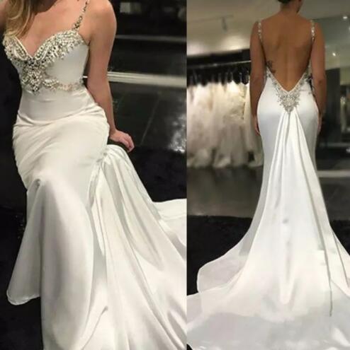 Gorgeous Beads Satin Mermaid Backless Wedding Dresses Long Sleeveless Sexy Spaghetti Neck Bridal Gowns Crystal Sweep Train Wedding Dress