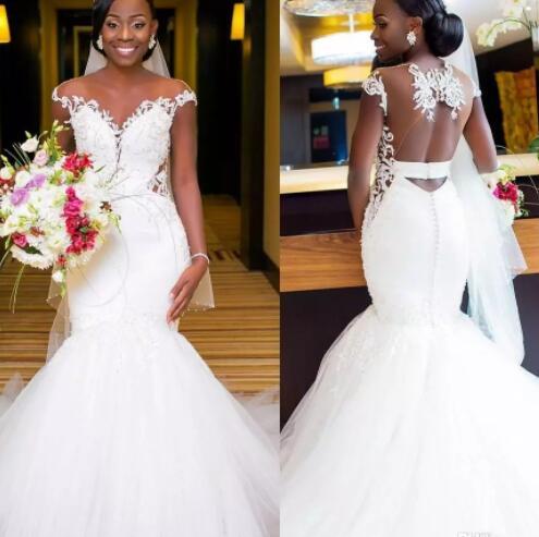 Mermaid Wedding Dresses African Jewel Neck Lace Appliques Beads Long Sleeves Peplum Ruffles Dubai Bridal Gowns