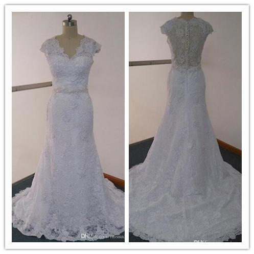 Lastest Lace Wedding Dresses Real Images inspired Sheer V Neck Cap Sleeve Beaded Court Train Lace Bridal Wedding Gowns