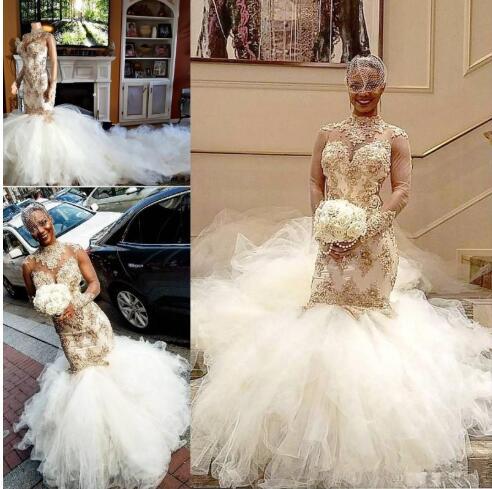 Africa Mermaid Wedding Dresses High Neck Beads Applique Long Sleeves Bridal Gown Long Train Fluffy Wedding Dress 