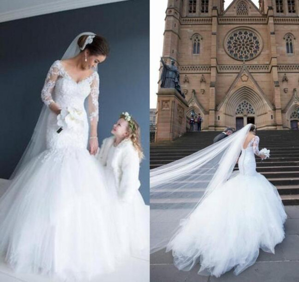 Gorgeous White Mermaid Wedding Dresses Illusion Long Sleeves Lace Appliques Tulle Long Bridal Gowns Plus Size