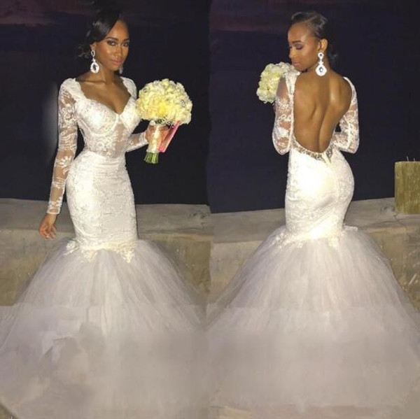 Sexy V-neck Backless Mermaid Wedding Dresses Gorgeous White Lace Appliques long sleeve Bridal Wedding Gowns vestidos de novia