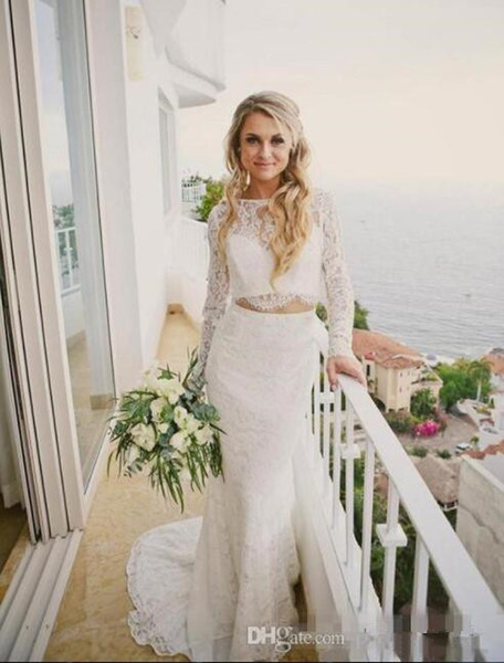 Two Pieces Beach Wedding Dresses Mermaid Scoop Long Sleeve Sweep Train Full Lace Backless Boho Bohemian Wedding Gowns