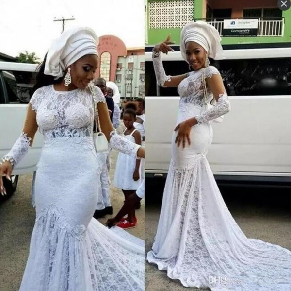 African Mermaid Wedding Dresses Count Train Jewel Illusion Long Sleeves Lace Wedding Dress Personalized Plus Size Bridal Gowns