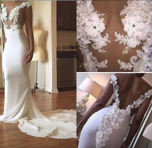 Mermaid Wedding Dresses Sheer Crew Neck Handmade Flower Lace Wedding Bridal Gowns Vestidos De Novia