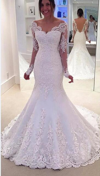 Wedding gowns new arrival lace v neck beading bridal gowns Mermaid long sleeve Wedding Dresses