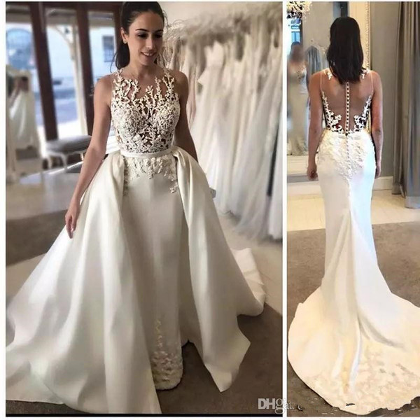 Mermaid Wedding Dresses With Detachable Train Applique Sheer Neckline Sleeveless Wedding Gowns Custom Made Bridal Gowns