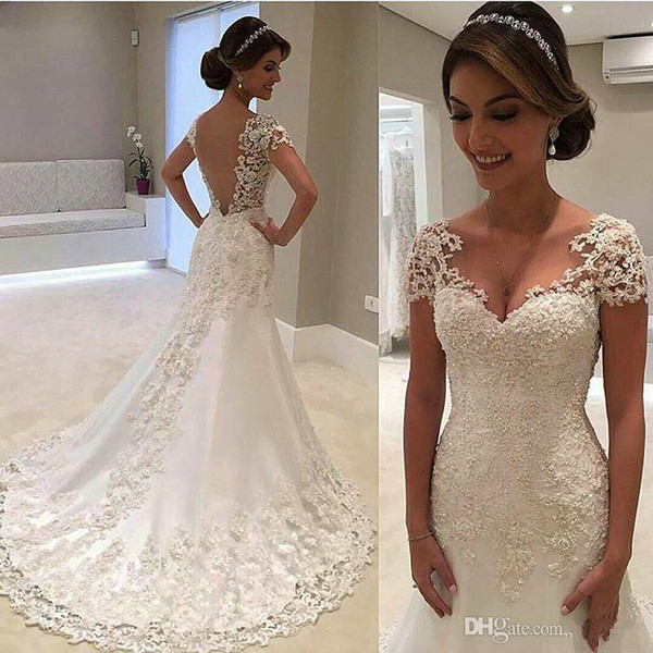 Cap sleeve ivory wedding dresses appliques beading v neck sexy bridal wedding gowns custom made 