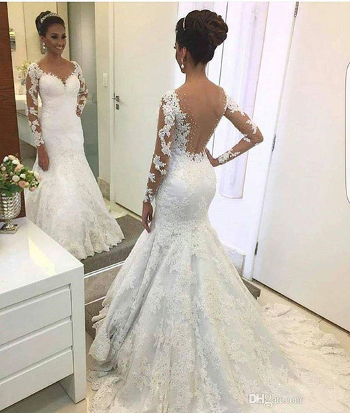 Long sleeve wedding Dresses vintage white lace sexy back sheer neck woman wedding gowns custom made bridal dresses