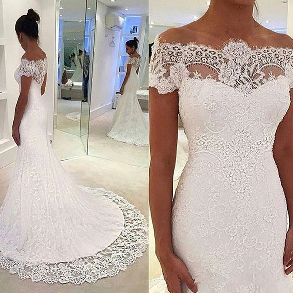 Mermaid Lace wedding dresses long elegant off the shoulder short sleeve bridal gowns vestidos de novia