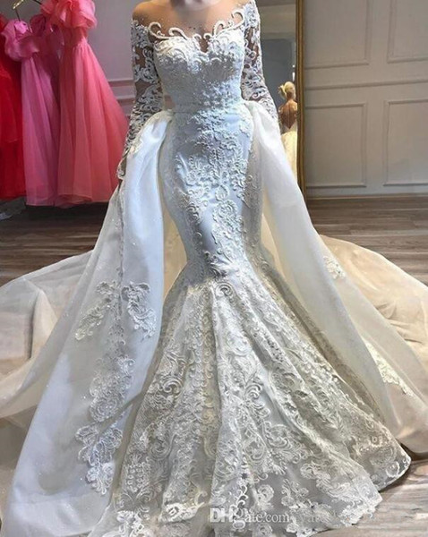 Lace Mermaid Wedding Dresses Long Sleeves Bridal Gowns With Satin Sweep Train Custom Made Vestidos de Novia