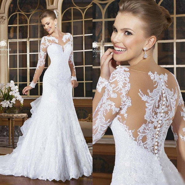 Vintage Romantic Long Sleeves Mermaid Wedding Dresses Applique Lace Sheer Neck Bride Dress vestidos de novia robe de mariage