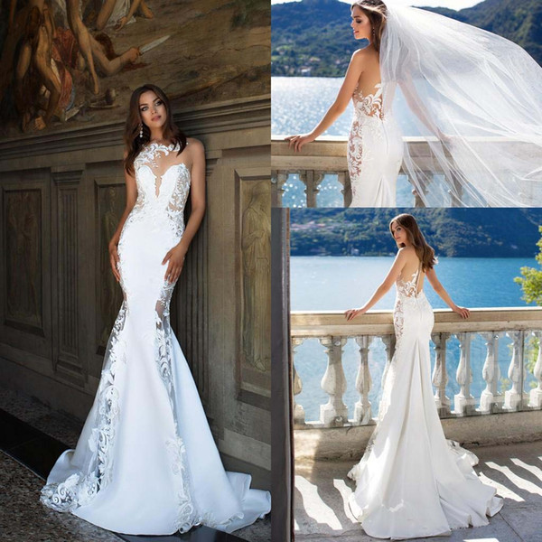 Luxury White Beach Wedding Dresses Sexy Backless Mermaid Crew Neck Satin Appliques Long Bridal Gowns vestido de noiva 