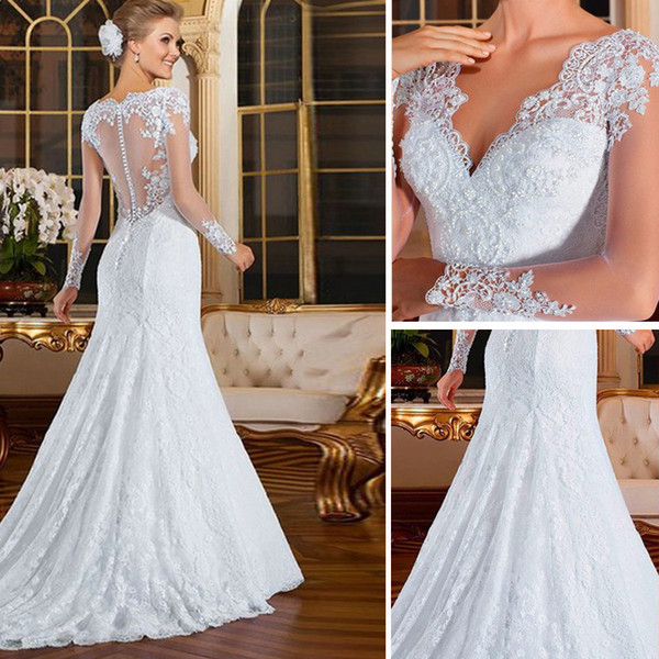 Vestidos 2017 Elegant Lace Long Sleeves Mermaid Wedding Dresses Sexy Boat Neck Sheer Button Back Appliques Pearls Beaded Bridal Gown