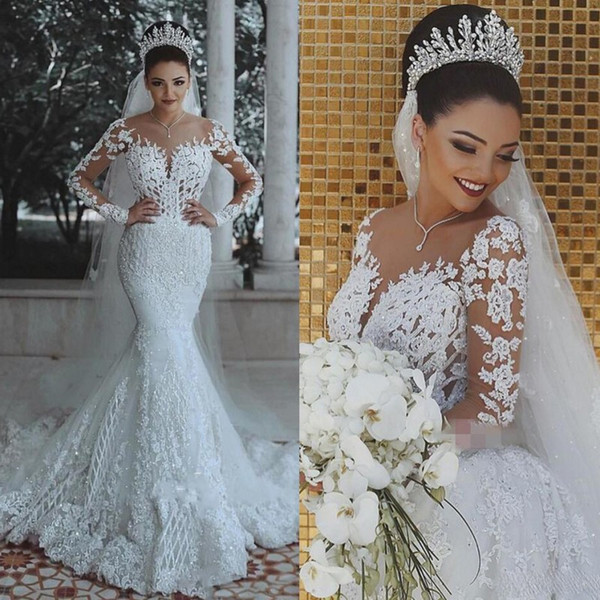 Mingli Tengda Vestido de noiva Long Sleeves Mermaid Wedding Dress Romantic See Through Lace Sheer robe de mariee Custom Arabian Bride Dresse