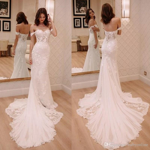 New Sexy Mermaid Lace Wedding Dresses Modern Off Shoulder Appliques Sweep Train Vestidos de novia Boat Neck Bridal Gowns