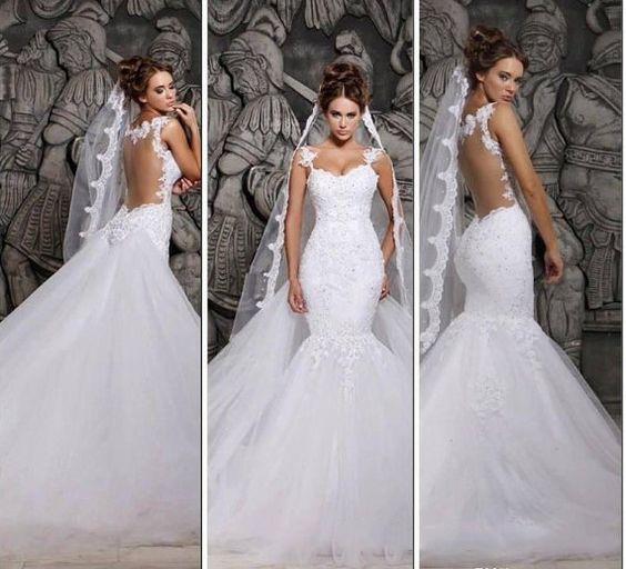 Luxury Elegant Mermaid Wedding Dresses Sexy Sheer Mermaid Backless Lace Button Spaghetti Straps Bridal Gowns vestido de noiva 