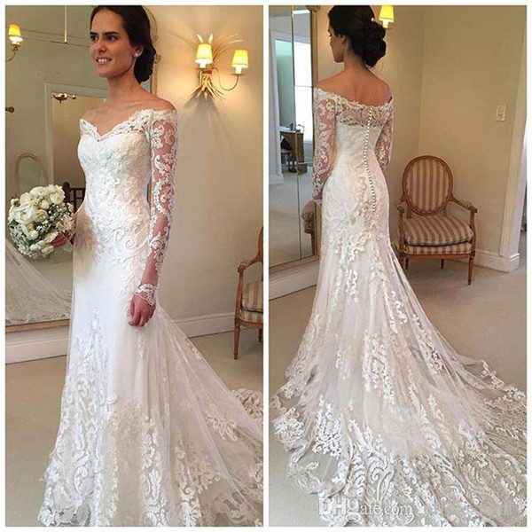 Gorgeous Lace Long Sleeve Mermaid Wedding Dresses Petite Off the Shoulder Button Back Train Bridal Gowns Boat Neck vestido de noiva