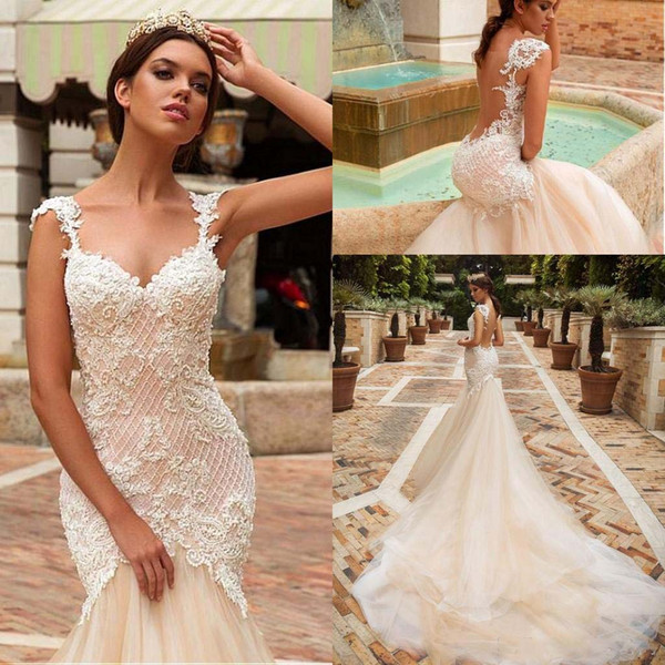 Vintage Champagne Mermaid Wedding Dresses Elegant Lace Crystal Bridal Sleeveless Sexy Backless Bridal Gowns vestidos de novia 