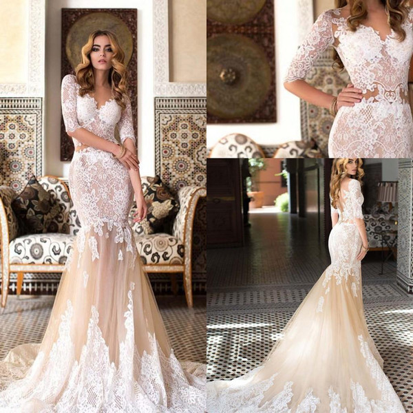 Sexy Champagne Mermaid Wedding Dresses V Neck Lace 1/2 Sleeves Backless vestidos de novia Elegant Beach Bride Dress