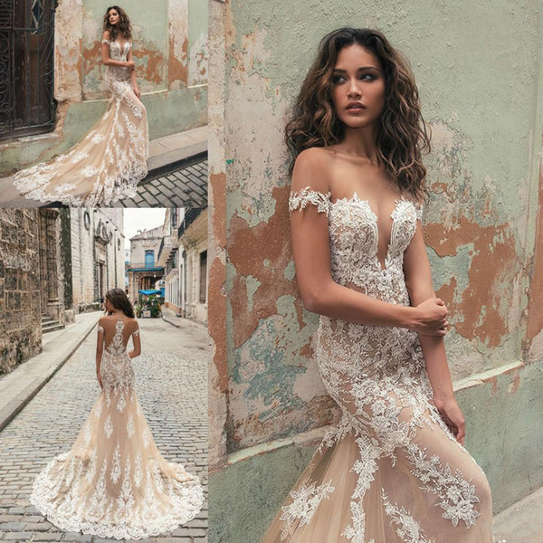 New Arrival Champagne Wedding Dresses Sheer Jewel Neck Lace Applique Short Sleeve Mermaid Bridal Gowns Sweep Train vestido de noiva