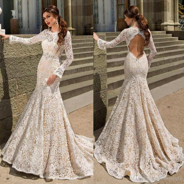 Lace Mermaid Wedding Dresses 2017 vestido de noiva Bodice Long Sleeve Backless Lace Sweep Train Wedding Dress Elegant Sexy Bridal Gowns