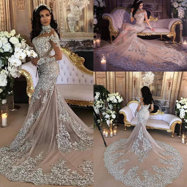 Luxury Sparkly Mermaid Wedding Dress Sexy Sheer Beaded Lace Applique High Neck Long Sleeve Champagne Elegant Bridal Gowns robe mariée