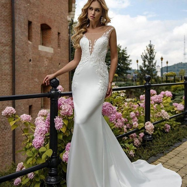 Mingli Tengda Sexy Illusion Mesh Backless Mermaid Wedding Dresses Lace Appliques Sleeveless Court Train Bridal Dress