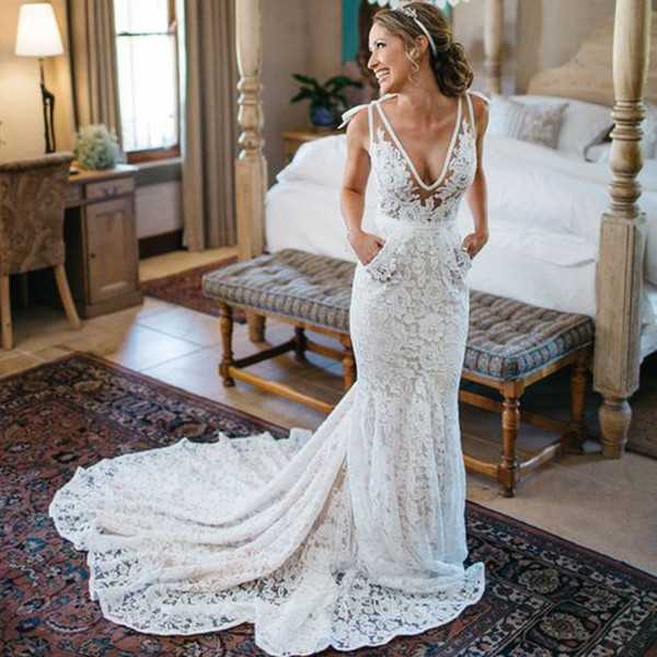 Mingli Tengda Ivory Lace Mermaid Wedding Dresses Robe de soiree Backless Sexy Bridal Dresses Sleeveless Spaghetti Straps Wedding Gown